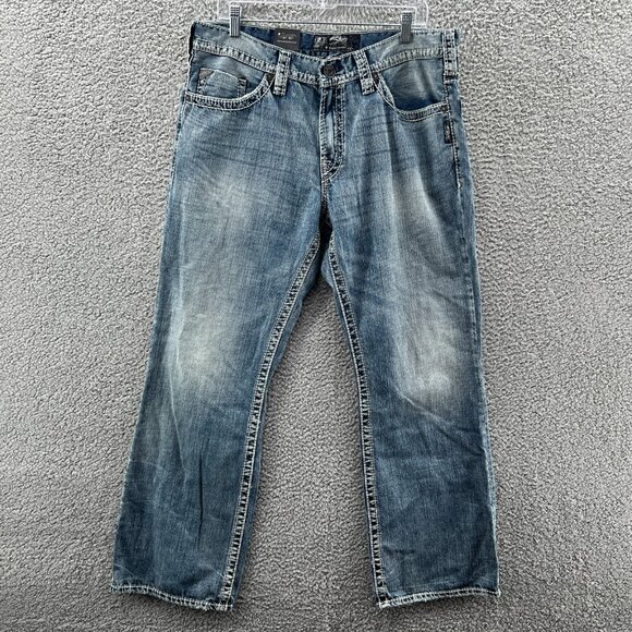 New Silver Grayson Jeans Mens 34 X 30 Relaxed Fit Boot Cut Blue Denim Heavy Stit